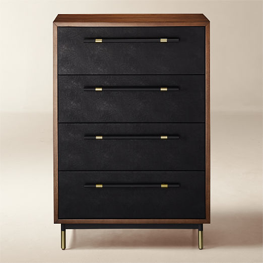Oberlin 35" Black Vegan Leather and Wood 4-Drawer Tall Dresser