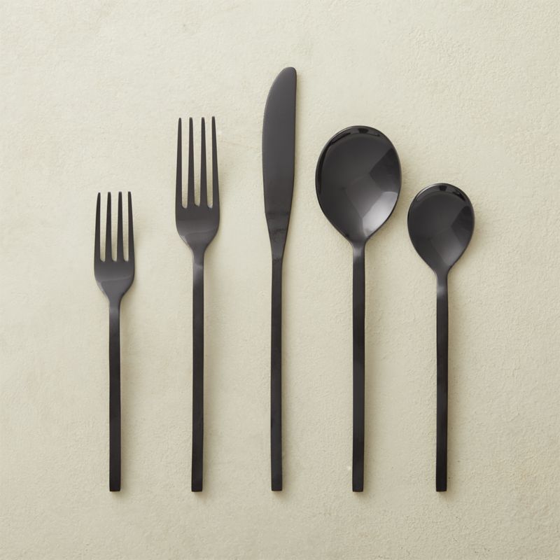 View 20-Piece Olympia Brushed Black Flatware Set details