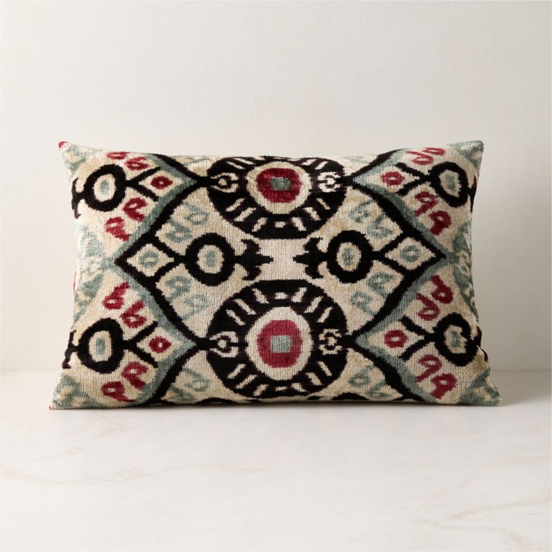 View Ora Iced Blue and Black Turkish Silk Lumbar Pillow with Down-Alternative Insert 22"x15" details