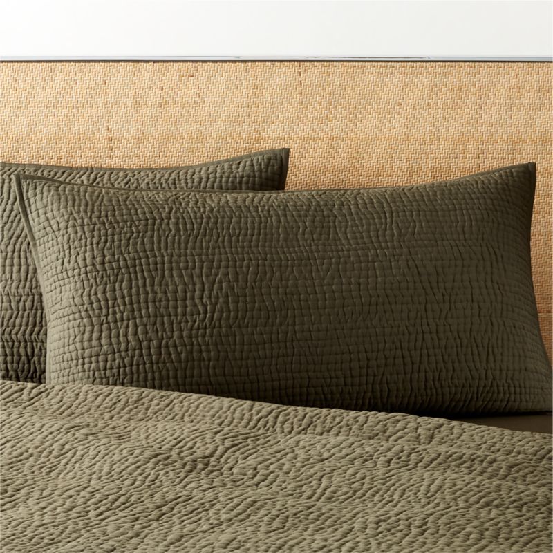 View Stitched Organic Cotton Sateen Dark Green King Pillow Shams Set of 2 details