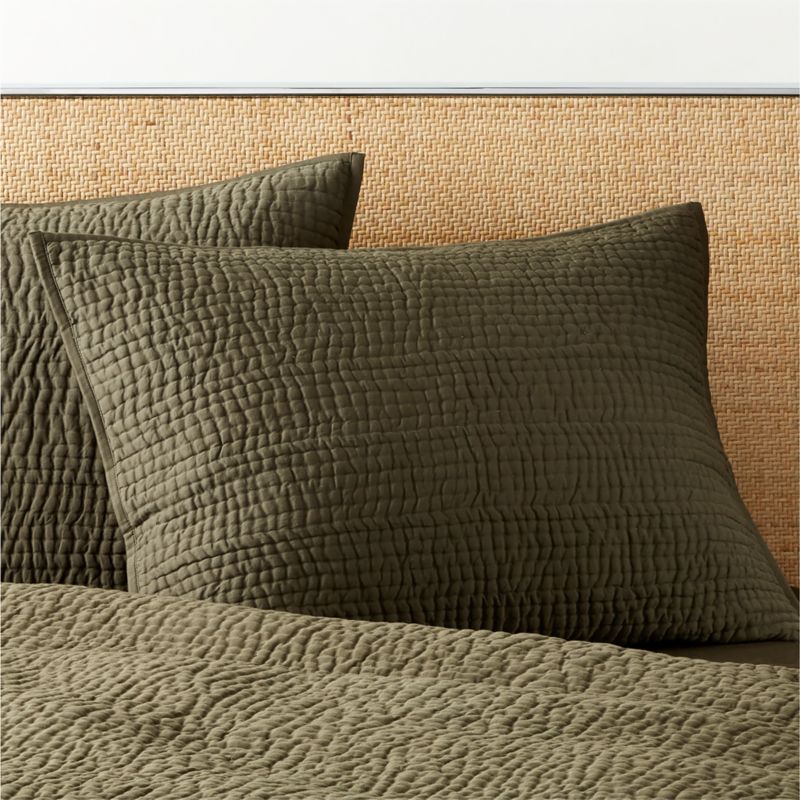 View Stitched Organic Cotton Sateen Dark Green Standard Pillow Shams Set of 2 details