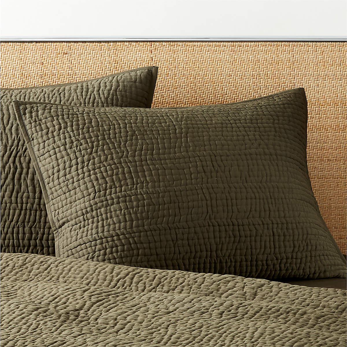 Stitched Organic Cotton Sateen Dark Green Standard Pillow Shams Set of 2 + Reviews | CB2