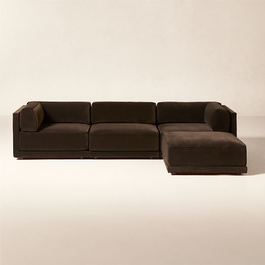 Oriole 4-Piece L-Shaped Dark Brown Performance Velvet Modular Sectional Sofa with Ottoman
