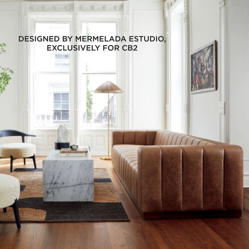 Forte 101" Extra-Large Channeled Saddle Leather Sofa with Walnut Base