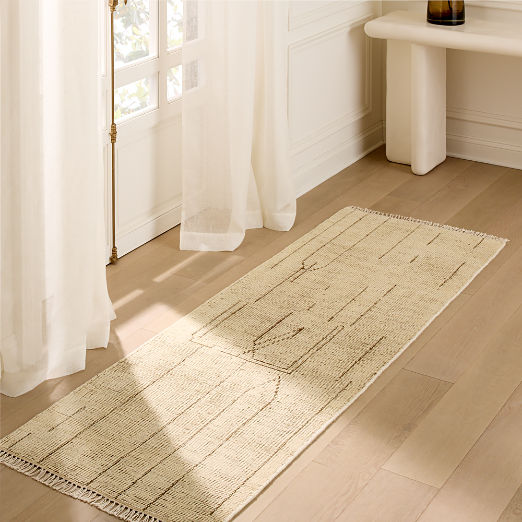 Palos Hand-Knotted Warm White and Tobacco Brown New Zealand Wool Runner Rug 2.5'x8'