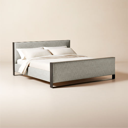 Panora Warm Grey Upholstered and Black Metal King Bed