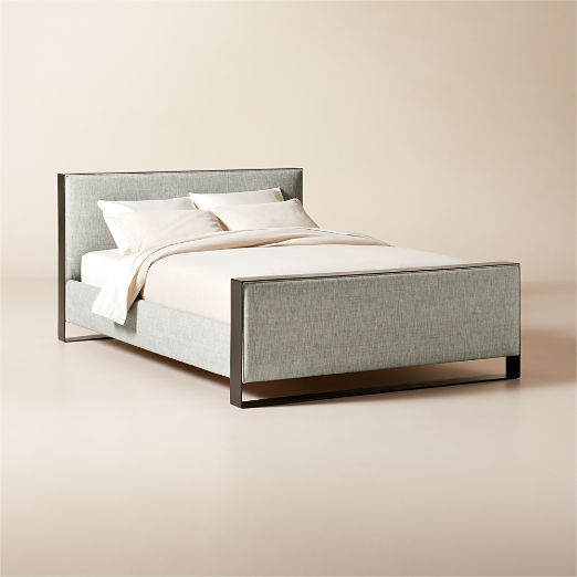 Panora Warm Grey Upholstered and Black Metal Queen Bed