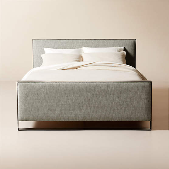 Panora Warm Grey Upholstered and Black Metal Queen Bed