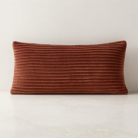 Paola Pleated Sienna Brown Velvet Lumbar Pillow with Feather-Down Insert 23"x11"