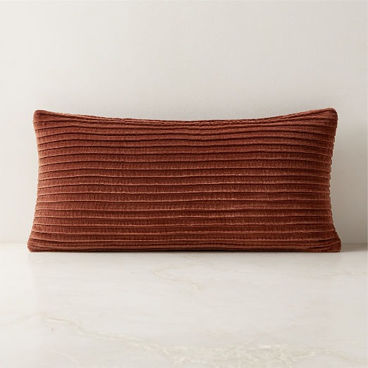 Paola Pleated Sienna Brown Velvet Lumbar Pillow with Feather-Down Insert 23"x11"