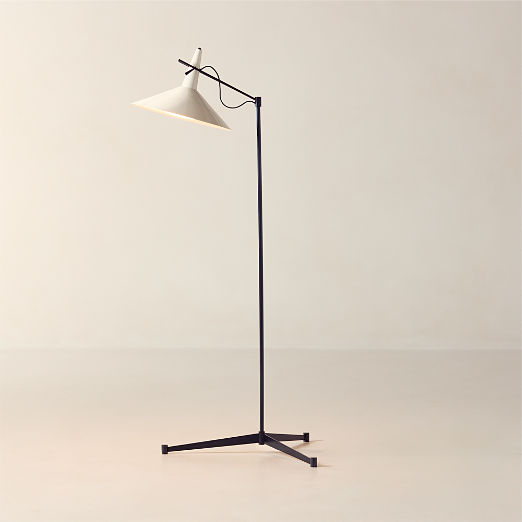 Exposior Blackened Brass Task Floor Lamp with Warm White Shade Model E11 by Paul McCobb