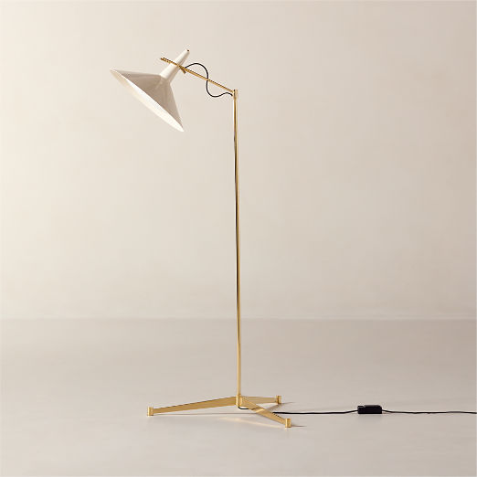 Exposior Unlacquered Brass Task Floor Lamp with Warm White Shade Model E11 by Paul McCobb