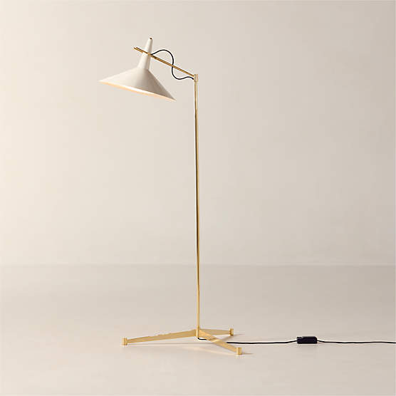 Exposior Unlacquered Brass Task Floor Lamp with Warm White Shade Model E11 by Paul McCobb