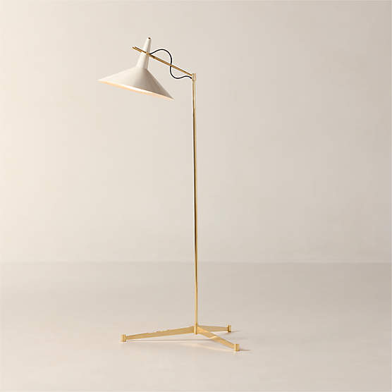 Exposior Unlacquered Brass Task Floor Lamp with Warm White Shade Model E11 by Paul McCobb