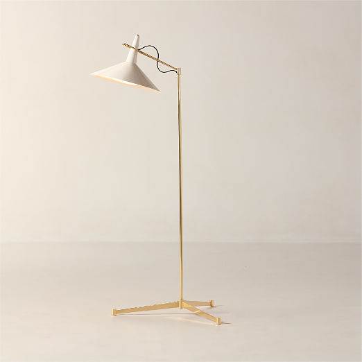 Exposior Unlacquered Brass Task Floor Lamp with Warm White Shade Model E11 by Paul McCobb