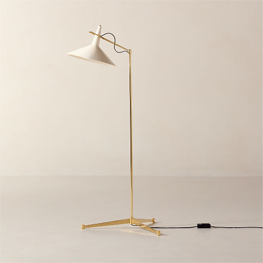 Exposior Unlacquered Brass Task Floor Lamp with Warm White Shade Model E11 by Paul McCobb