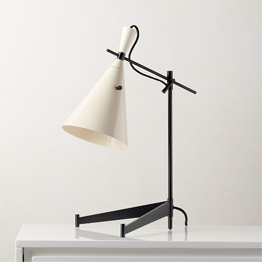 Exposior Blackened Brass Task Table Lamp with Warm White Shade Model E7 by Paul McCobb