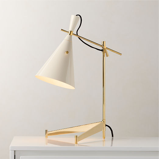 Exposior Unlacquered Brass Task Table Lamp with Warm White Shade Model E7 by Paul McCobb