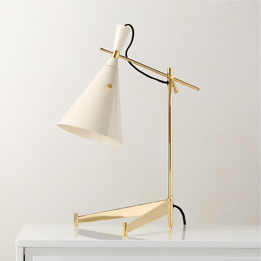 Exposior Unlacquered Brass Task Table Lamp with Warm White Shade Model E7 by Paul McCobb