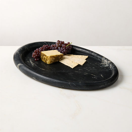 Pave Oval Black Marble Serving Tray