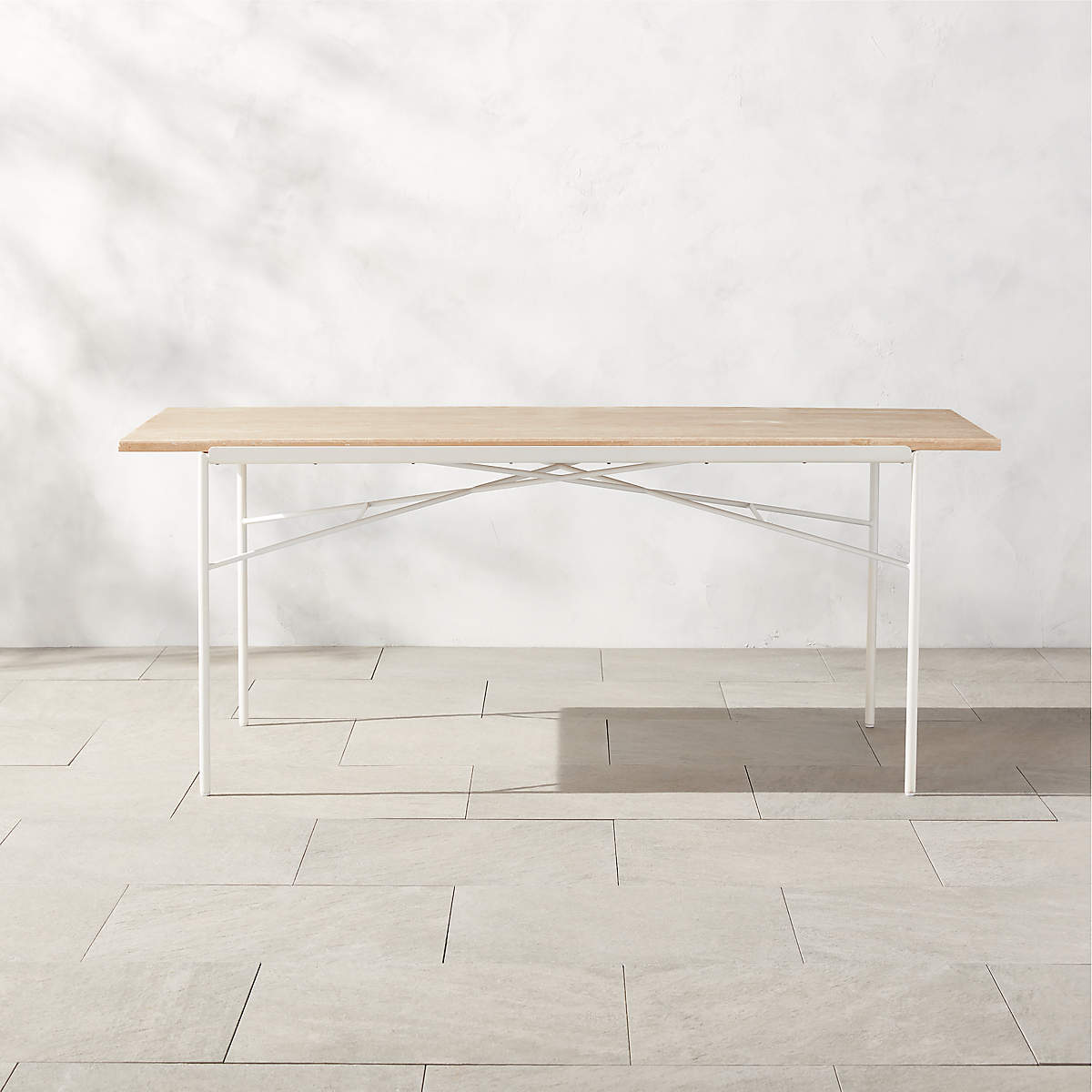 Pavilion Ivory Metal Outdoor Patio Dining Table with Travertine Top
