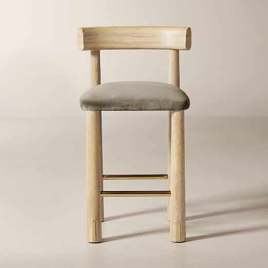 Perle Grey Performance Velvet and Oak Wood Counter Stool by goop