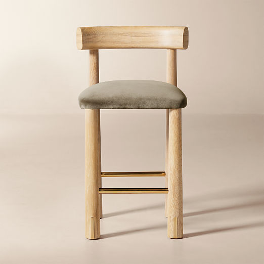 Perle Grey Performance Velvet and Oak Wood Counter Stool by goop