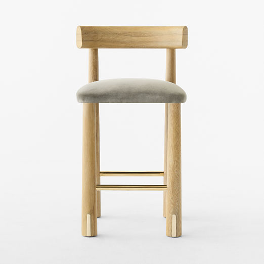 Perle Grey Performance Velvet and Oak Wood Counter Stool by goop