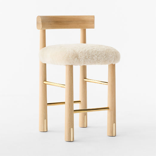 Perle Shearling and Oak Wood Counter Stool by goop