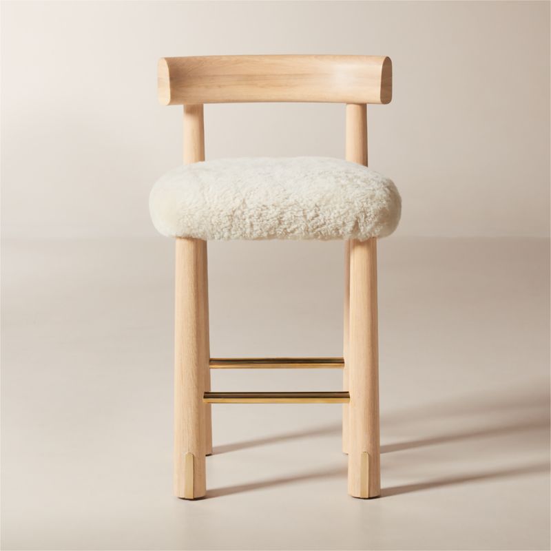 Perle Shearling and Oak Wood Counter Stool by goop - image 0 of 9