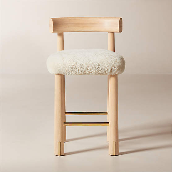 Perle Shearling and Oak Wood Counter Stool by goop