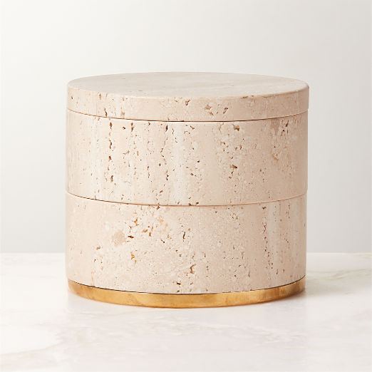 Pierce Unlacquered Brass and Travertine Two-Tier Storage Box