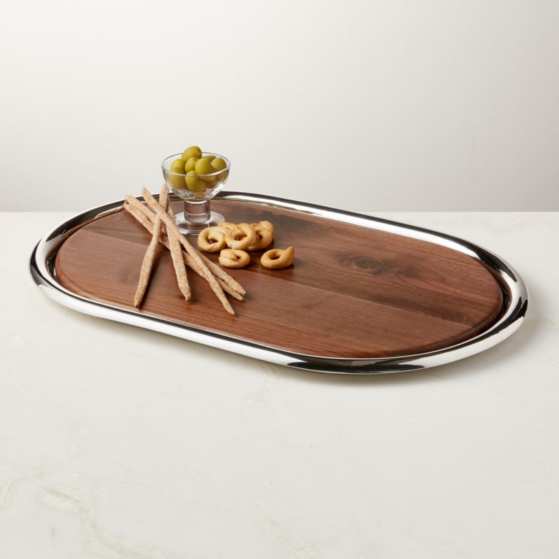 View Piero Oval Stainless Steel and Walnut Serving Tray Set by Gianfranco Frattini details