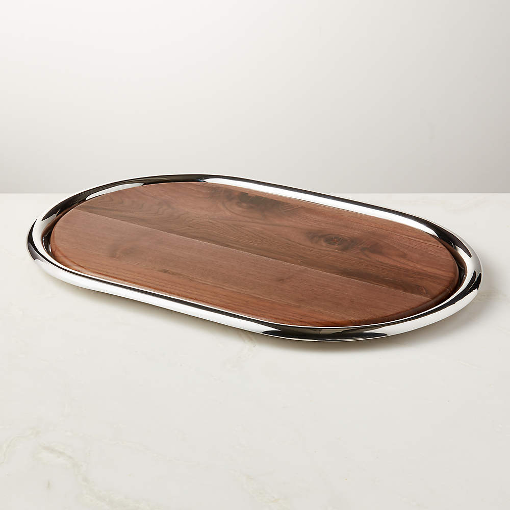 Piero Oval Stainless Steel and Walnut Serving Tray Set by