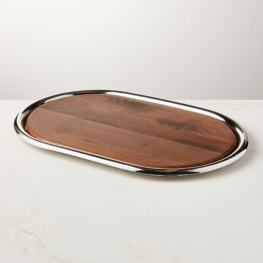 Piero Oval Stainless Steel and Walnut Serving Tray Set
