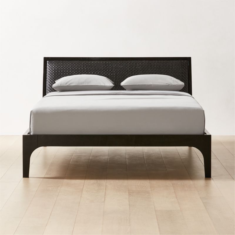 Pietro Woven Black Leather Queen Bed + Reviews CB2