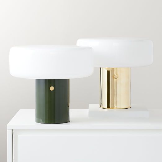 Pill Unlacquered Polished Brass Table Lamp with Glass Shade by Bill Curry