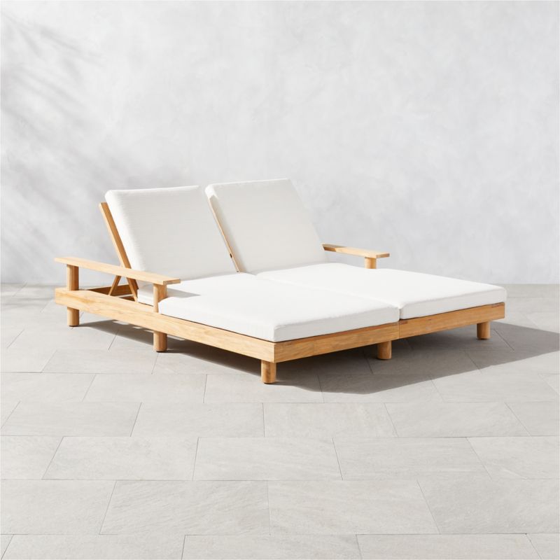 Pinet Teak Outdoor Double Chaise Lounge with Textured Ivory Perennials Cushions by Ross Cassidy CB2 Canada