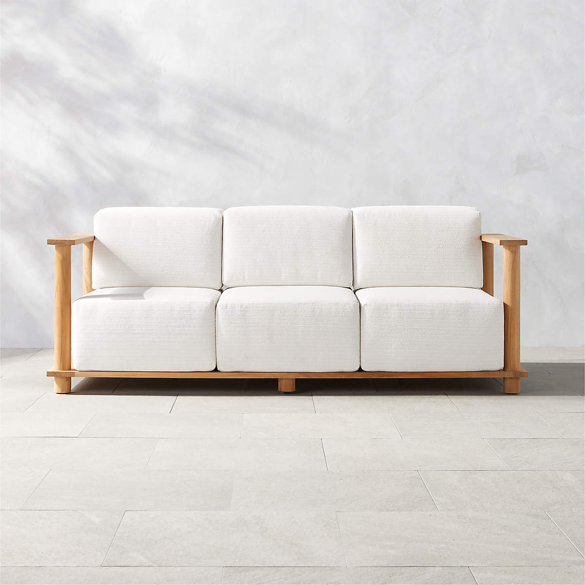 Modern Teak Outdoor Sofa with Textured White Cushions CB2 Canada