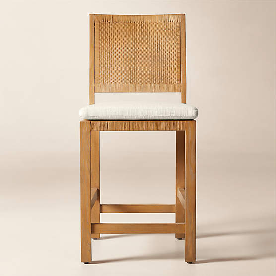 Plait Ash Wood and Woven Rattan Counter Stool with Warm White Performance Linen Cushion