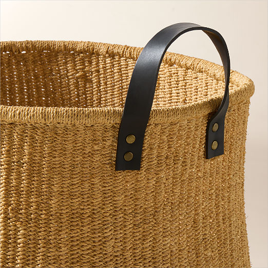 Penelope Handwoven Round Storage Basket with Black Leather Handles