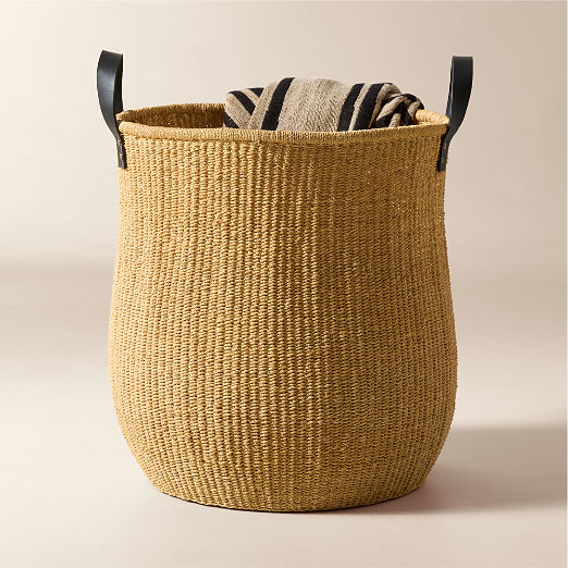 Penelope Handwoven Round Storage Basket with Black Leather Handles