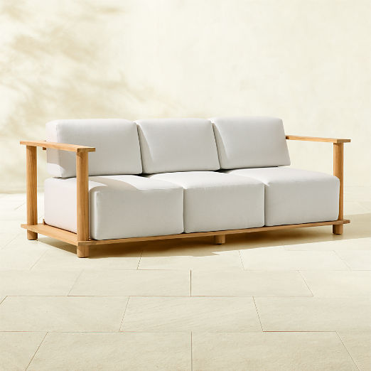 Pinet 84" Teak Outdoor Sofa With Warm Light Grey Sunbrella® Cushions