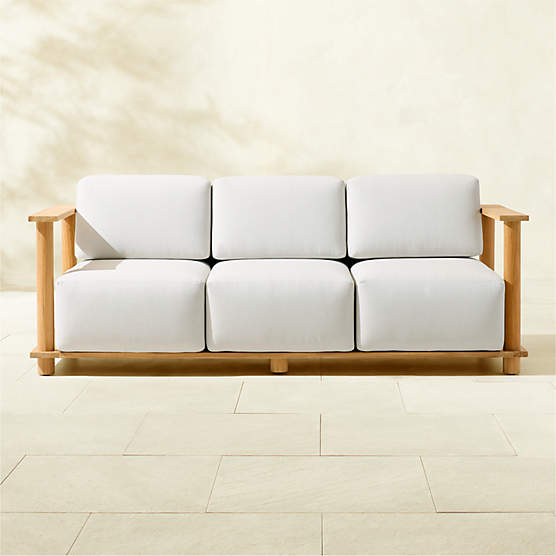 Pinet 84" Teak Outdoor Sofa With Warm Light Grey Sunbrella® Cushions