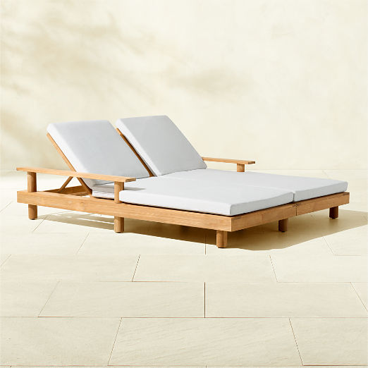 Pinet Teak Outdoor Double Chaise Lounge With Warm Light Grey Sunbrella® Cushions
