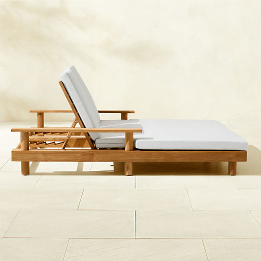 Pinet Teak Outdoor Double Chaise Lounge With Warm Light Grey Sunbrella® Cushions
