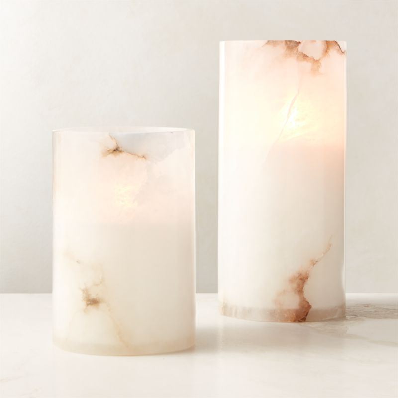 View Poe White Alabaster Pillar Candle Holders Set of 2 details