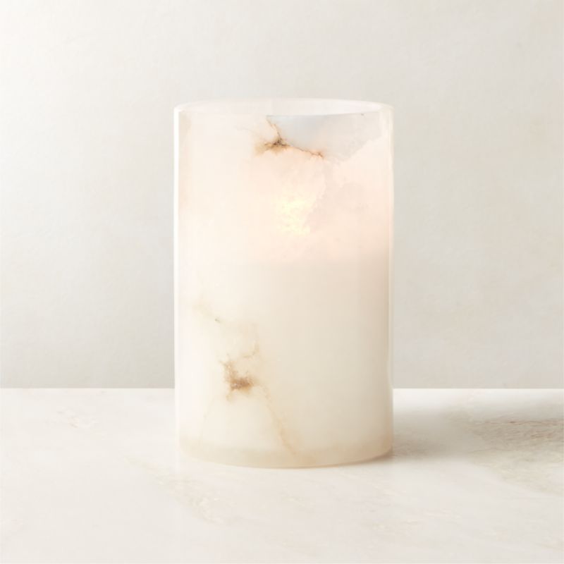 View Poe White Alabaster Pillar Candle Holder 7" details