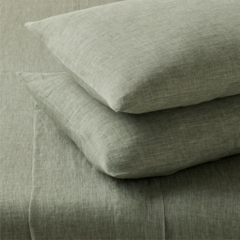 Viewing product image Premier Sage Green EUROPEAN FLAX™-Certified Heathered Linen Queen Sheet Set - image 1 of 4