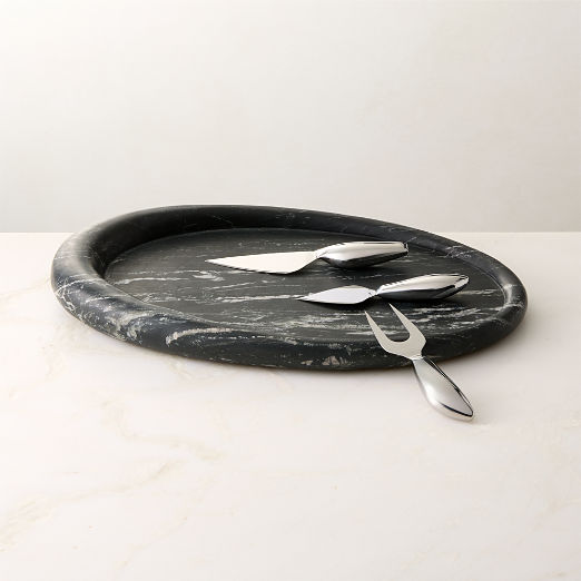 Pave Oval Black Marble Serving Tray & Capra Stainless Steel Cheese Knives Set of 2